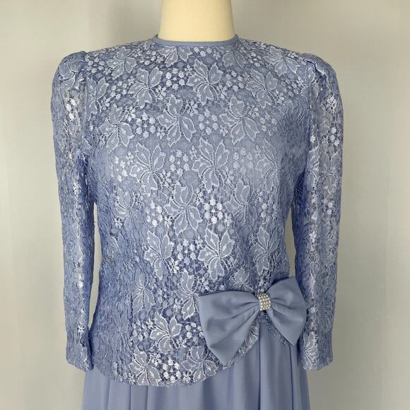 Vintage Cocktail Dress Size 14 Light Blue Lace Bow Puff Sleeve Formal Party Midi - Picture 2 of 16
